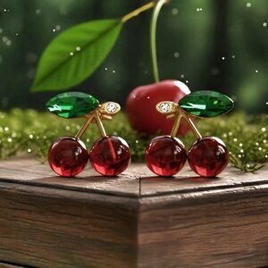 925 Sterling Silver Red Cherry Stud Earrings Crystal Green Leaf Coquette Dainty